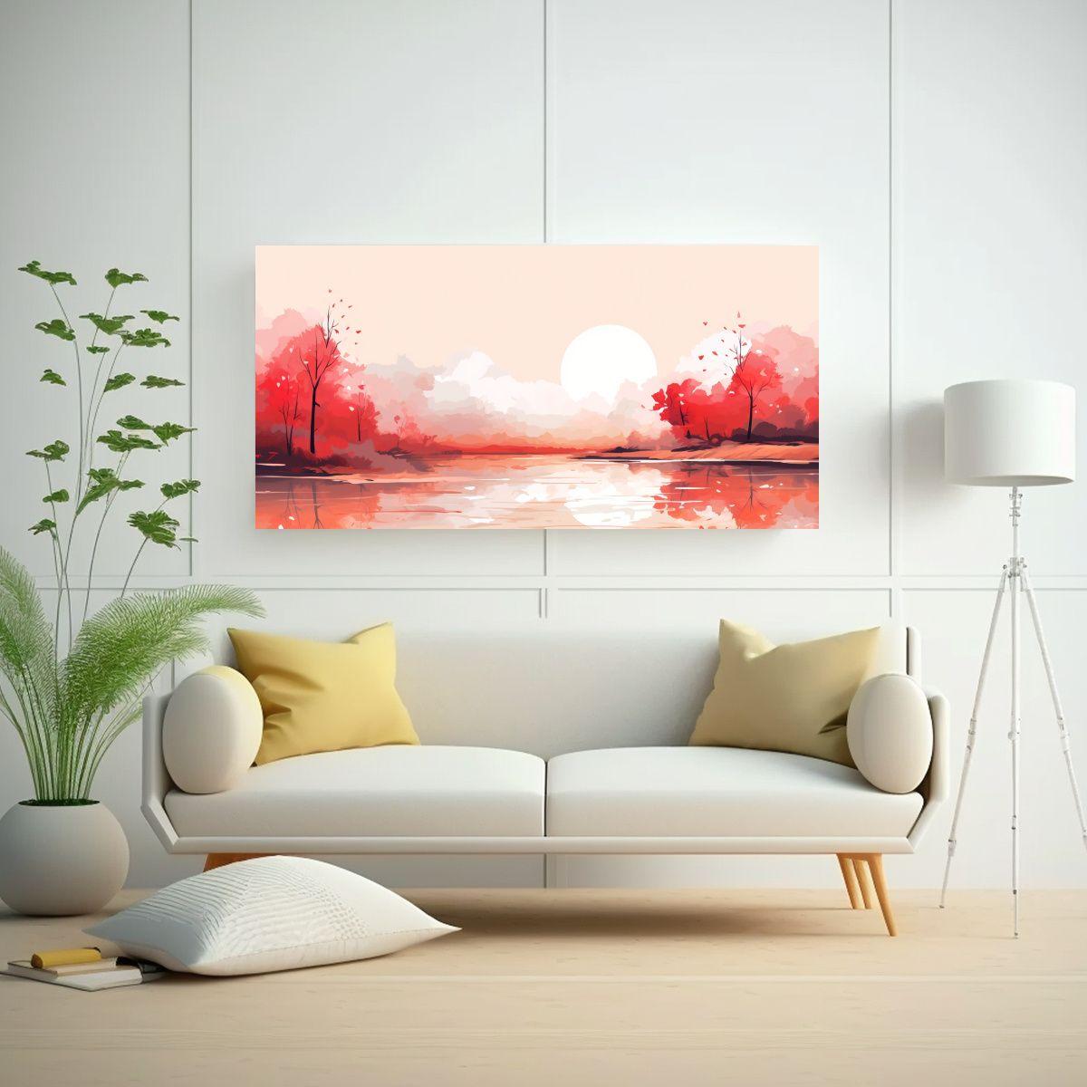 Paisaje Otoñal Moderno Con Colores Rojos Arte De  100x50cm-2