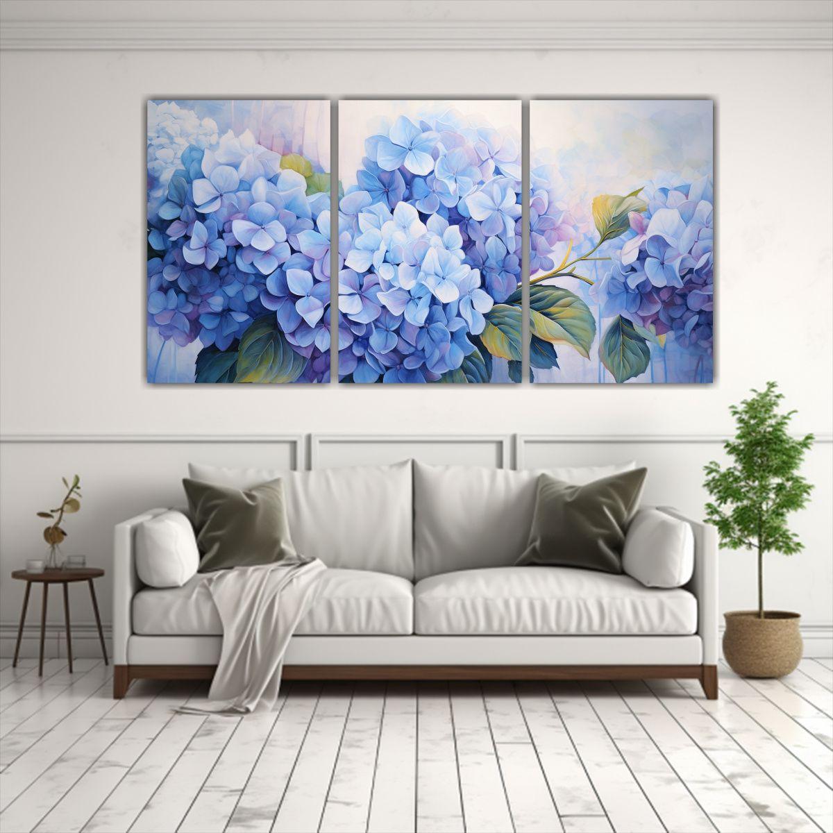 Pintura Abstracta De Hortensias En Tres Cuadros 180x90 Cm-2