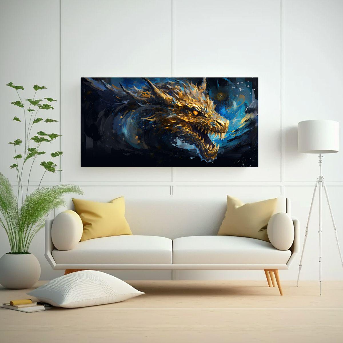 Pintura De Dragón En Tonos Dorados Y Azules Con A 100x50cm-2