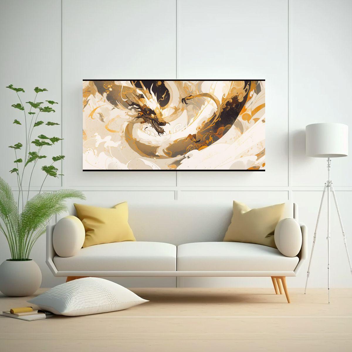 Fotografía De Dragón En Blanco Y Dorado, Atmósf 100x50cm-2
