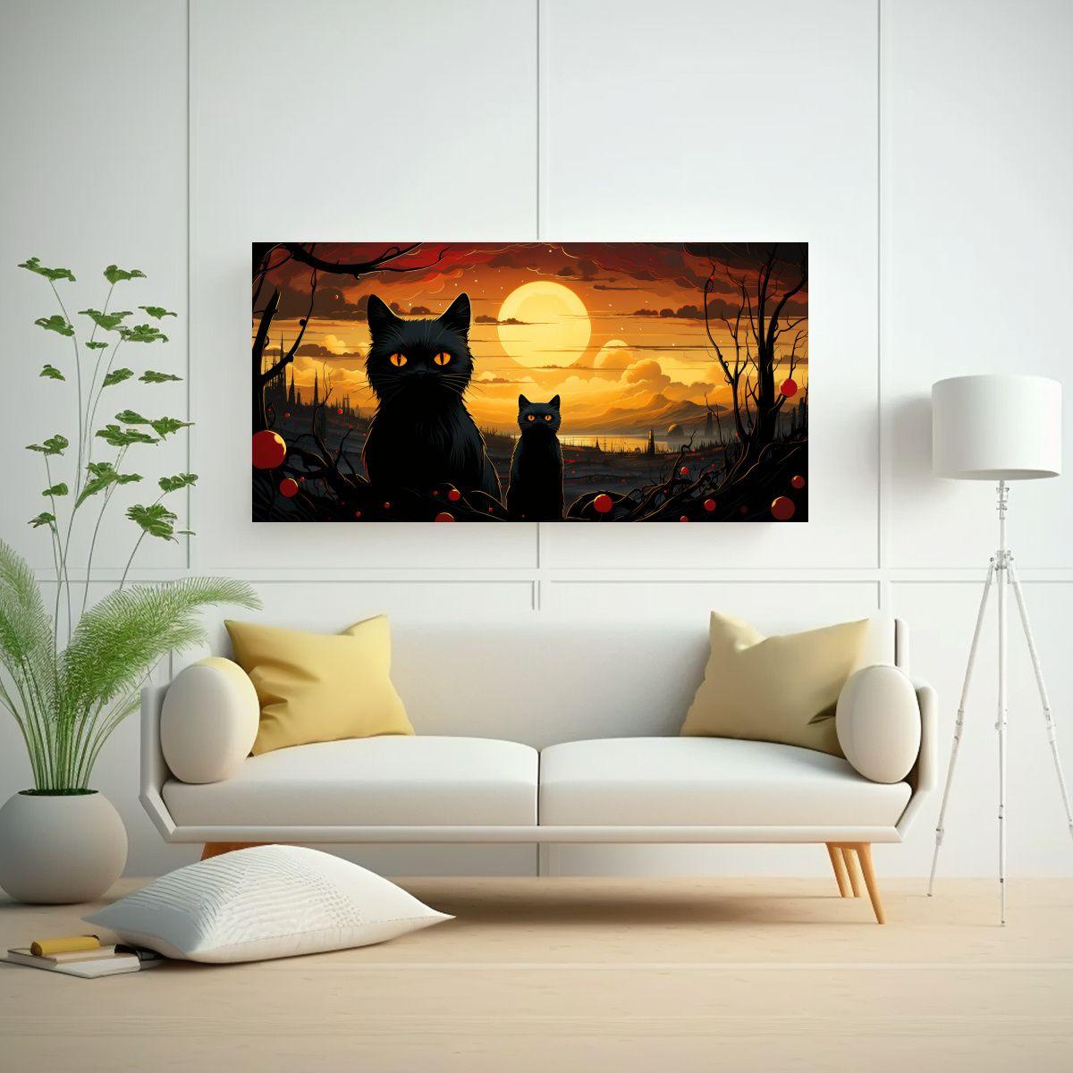 Pinturas Acuarela De Gatos Negros Exuberantes 100x50cm-2