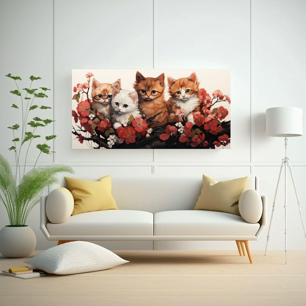 Pintura Lienzo Gatos Amontonados Estilo Tinta 140x70 Cm-2