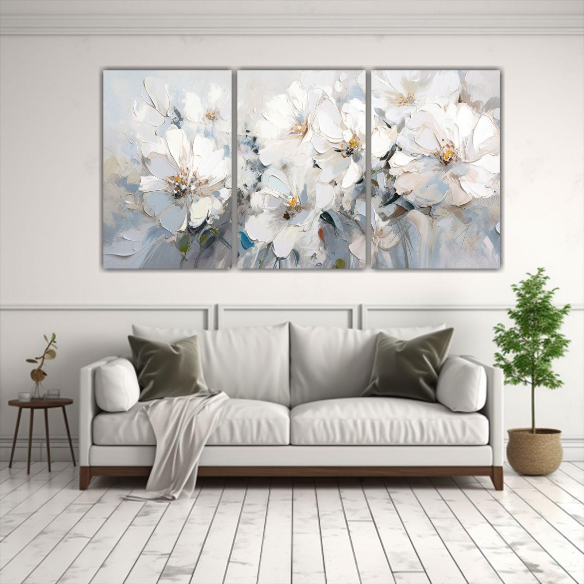 Pintura En Bastidor Horizontal De Flores Blancas 60x30 Cm-2