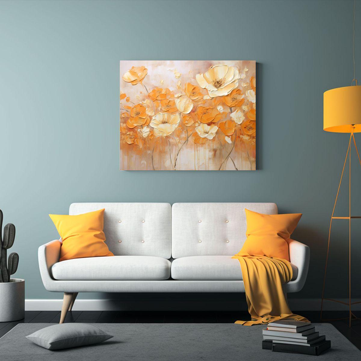 Pintura De Flores En Lienzo En Colores Naranja Y Dorado. 75x50cm-2