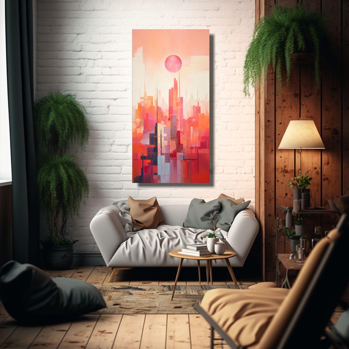 Cuadro Abstracto Ciudad Vibrante Skyline Pintura 40x80cm-2