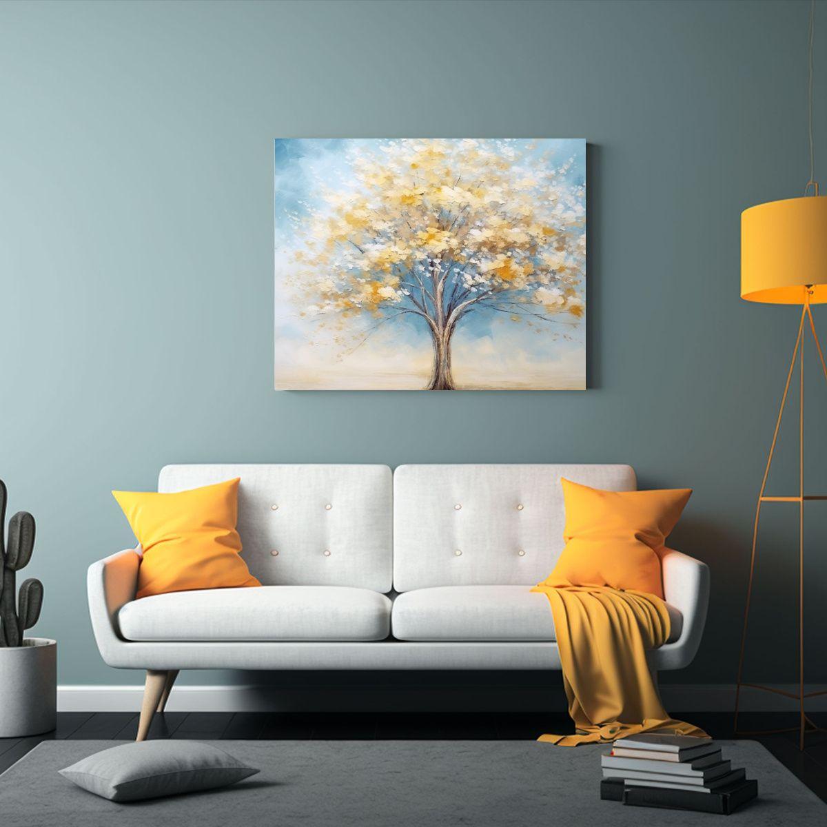 Cuadro Azul Con Árbol Y Hojas Amarillas: Arte Duradero 40x30cm-2