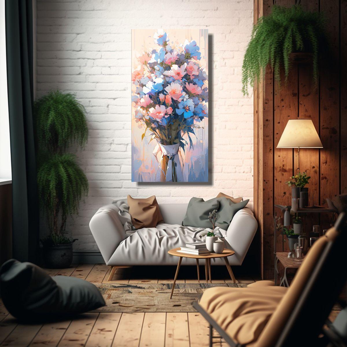 Cuadro De Flores En Lienzo En Tonos Rosa Y Azul 60x120cm-2