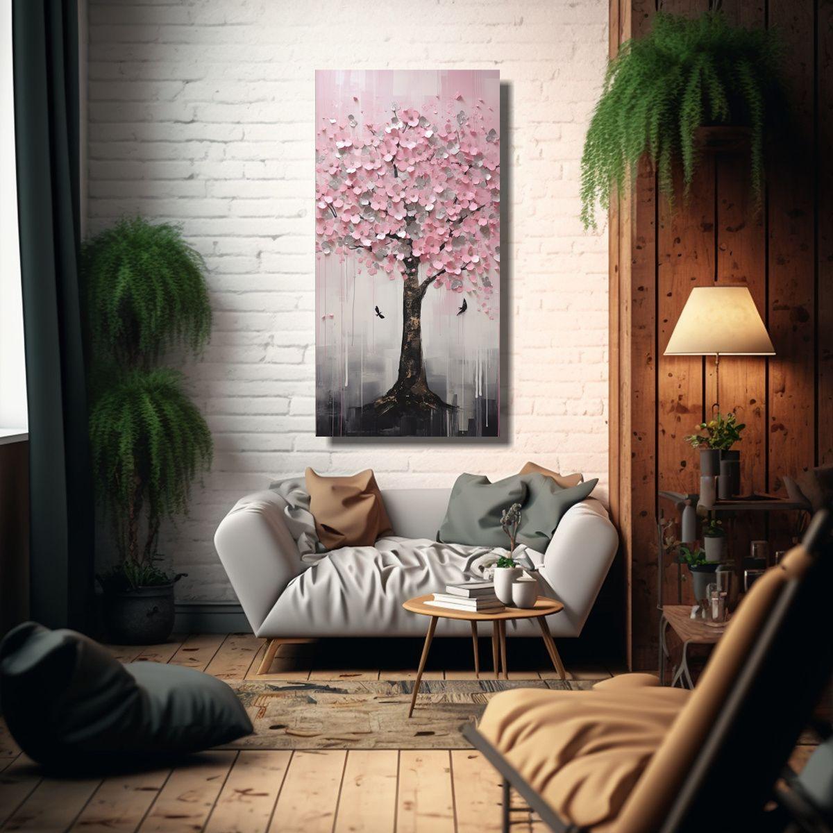 Pintura Decorativa Árbol En Tono Rosa Y Plateado 50x100cm-2