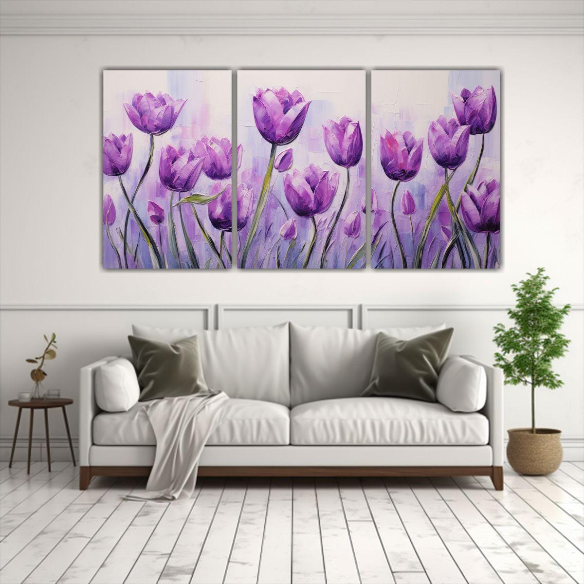 Tríptico De Tulipanes Morados En Lienzo Estilo 90x45 Cm-2