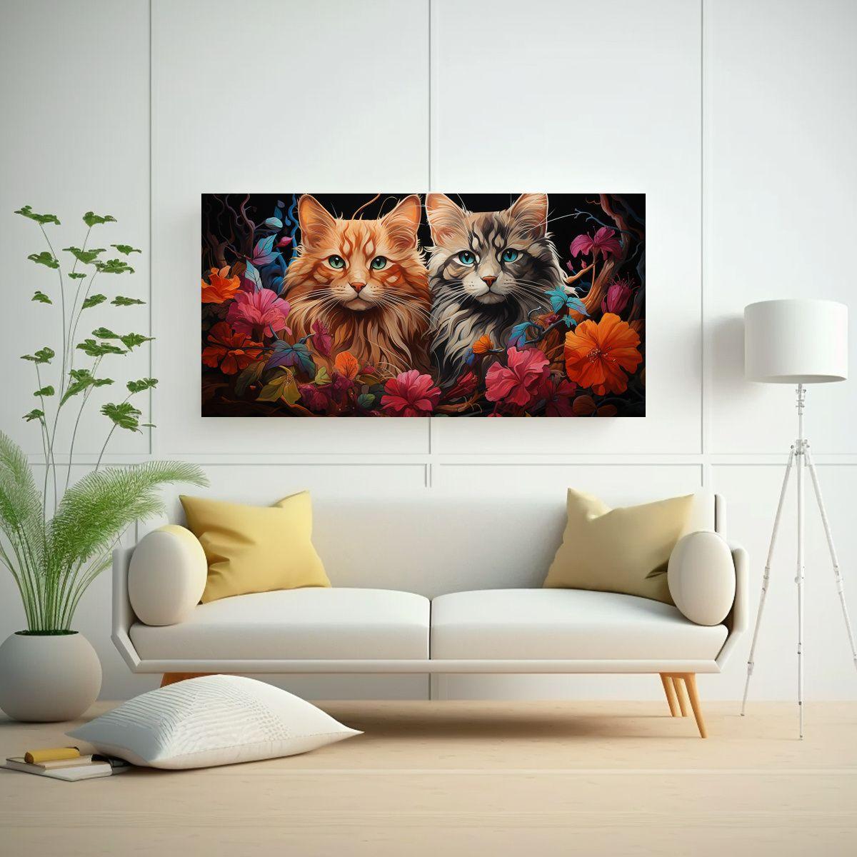 Cuadros De Gatos Adorables En Ventana De Vitral 100x50cm-2