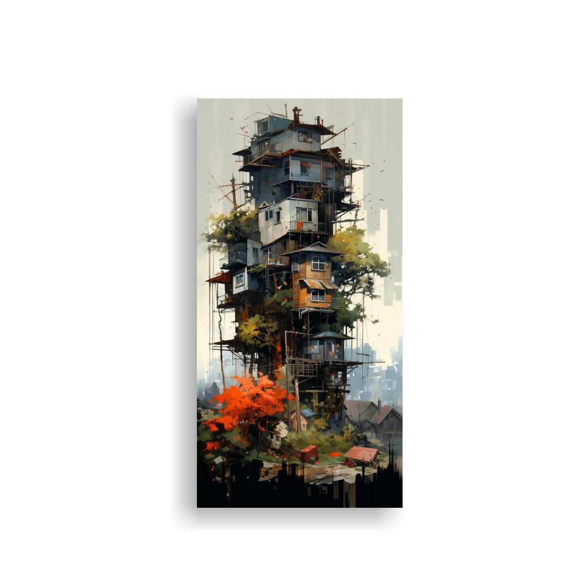 Paisaje Urbano Pintado Sobre árboles 20x40cm-0