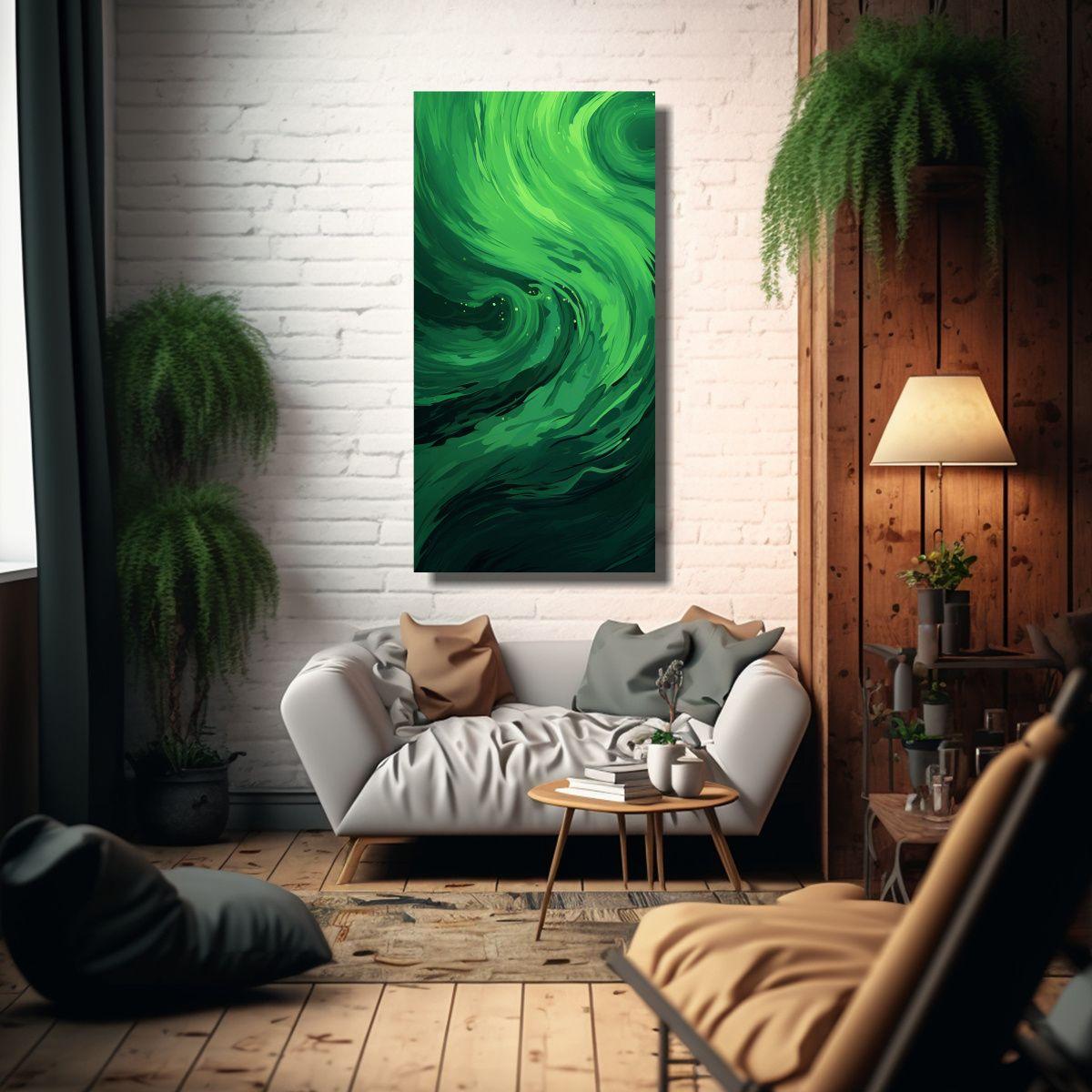 Pintura Abstracta Verde Unico En Lienzo De Arte 70x140cm-2