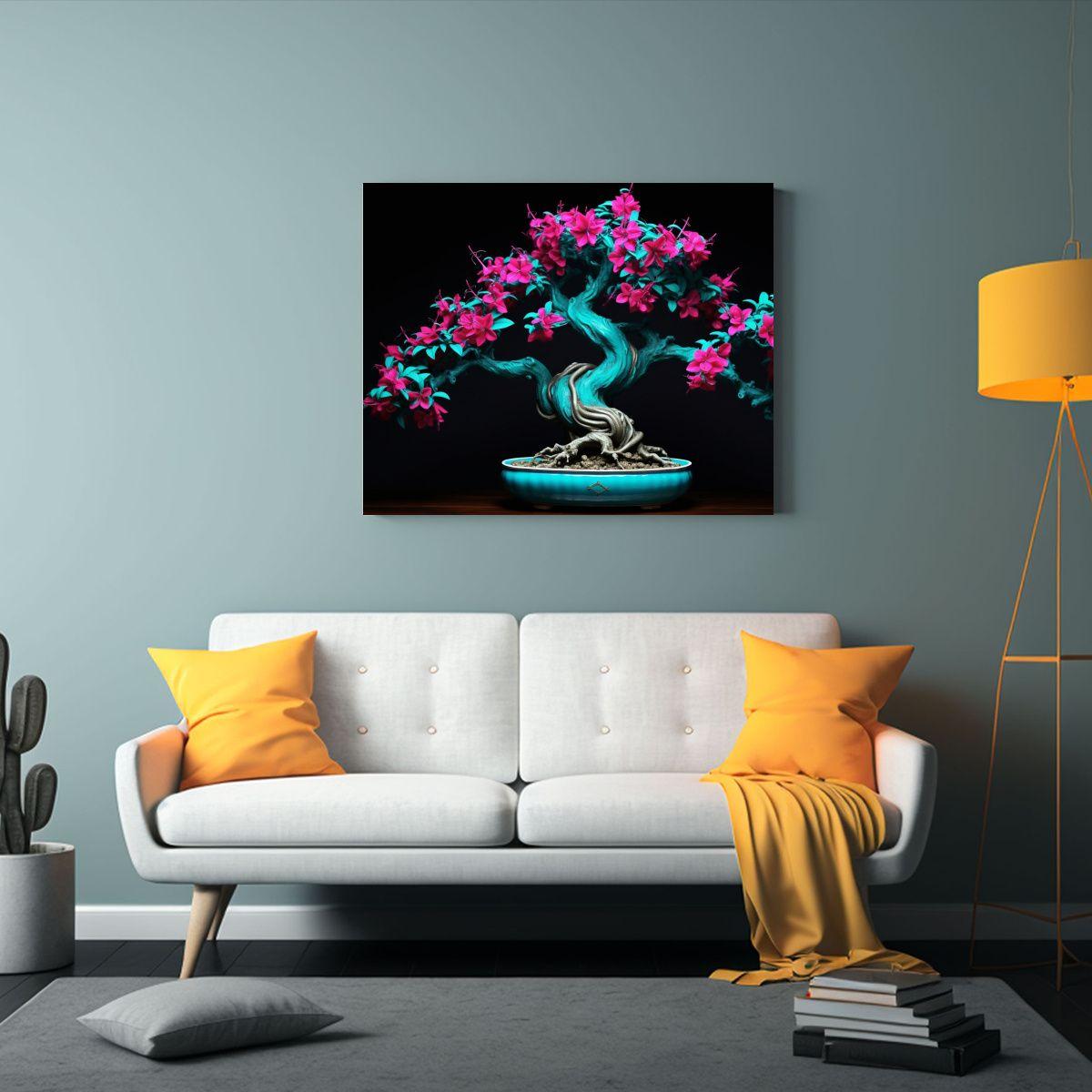 Pintura Lienzo Abstracto Bougainvillea Bonsái Turquesa Neon 50x40cm-2