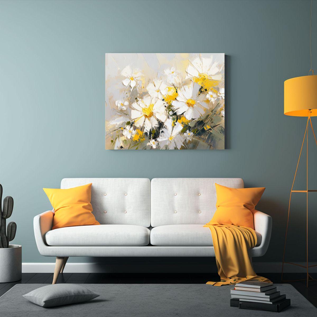 Pintura Flores Amarillo Y Blanco En Lienzo: Composición De  90x60cm-2