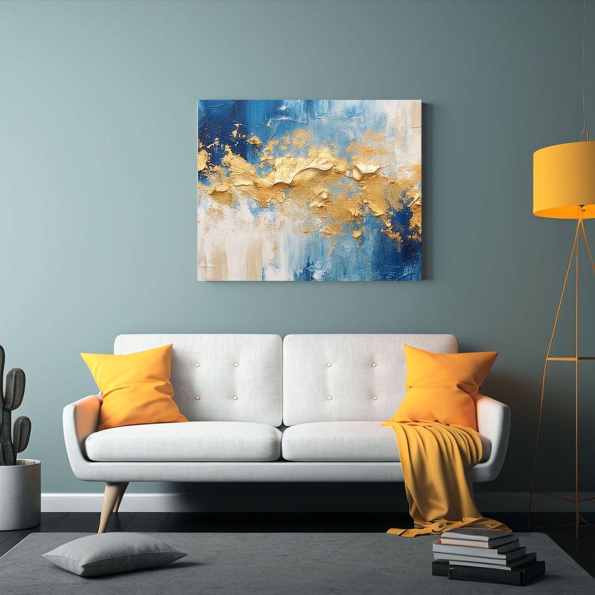 Cuadro Abstracto En Lienzo Dorado Y Azul De 20 X 30 En Basti 60x40cm-2