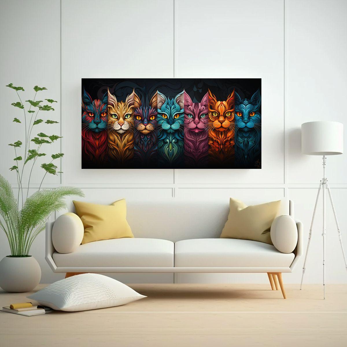 Cuadro Moderno Enigmático Con Gatos De Colores 40x20cm-2