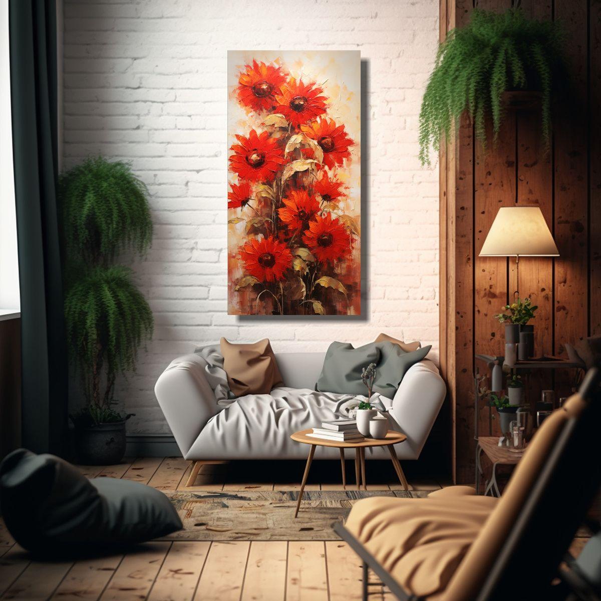 Pintura En Bastidor Abstracta De Girasoles Rojos 80x160cm-2