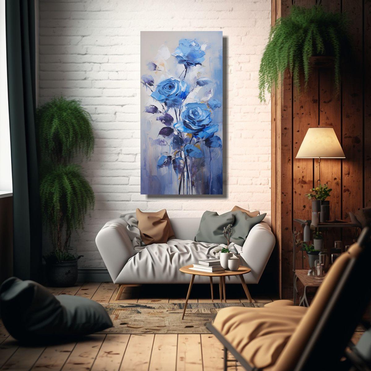 Pintura Al óleo De Rosas Azules En Lienzo Estilo 20x40cm-2
