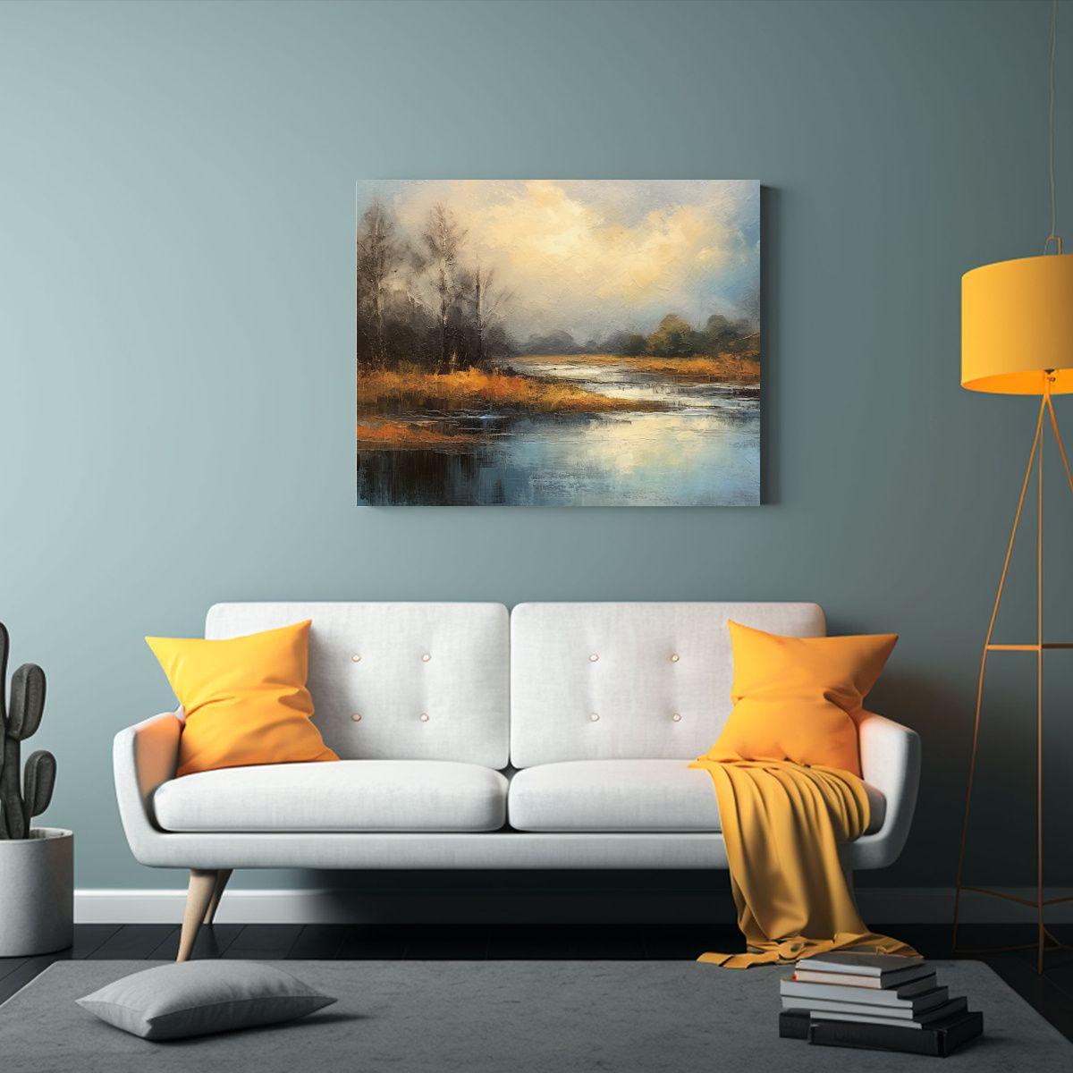 Pintura De Paisaje Con Cielo Nublado Sobre Río: 90x60 Cm-2