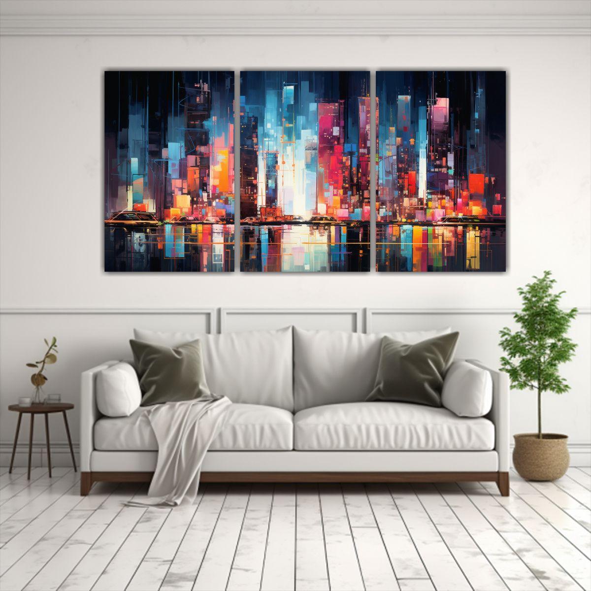 Tríptico Abstracto Nocturno De Una Ciudad En 240x120 Cm-2