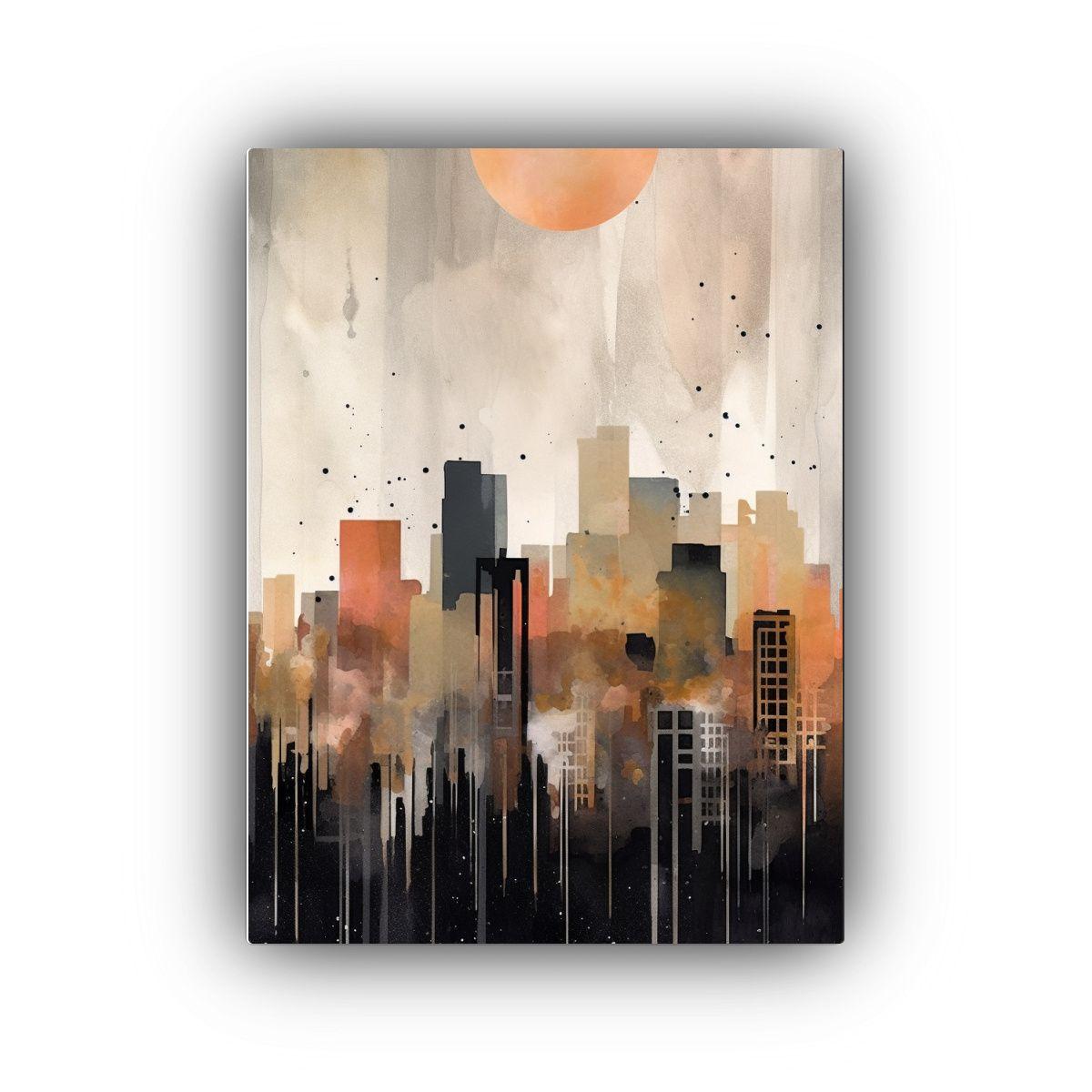 Cuadro Minimalista Ciudad Con Skyline En Acuarela, Fondo Neg 60x90cm-0
