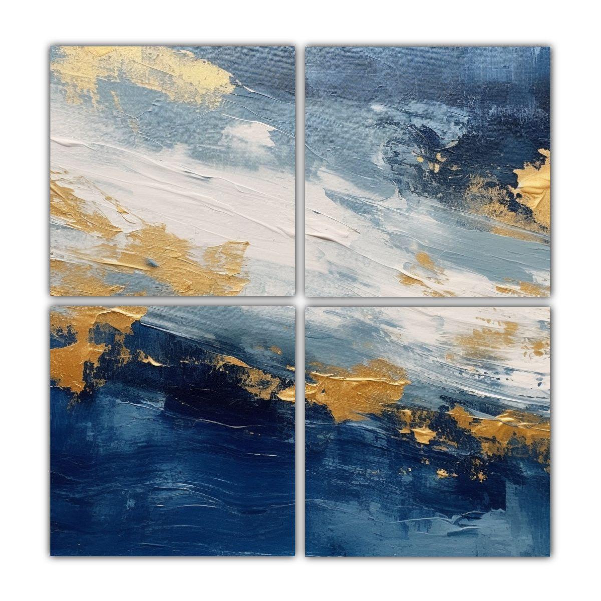 Pintura Abstracta Azul Y Dorada En Lienzo Blanco 160x160 Cm-0