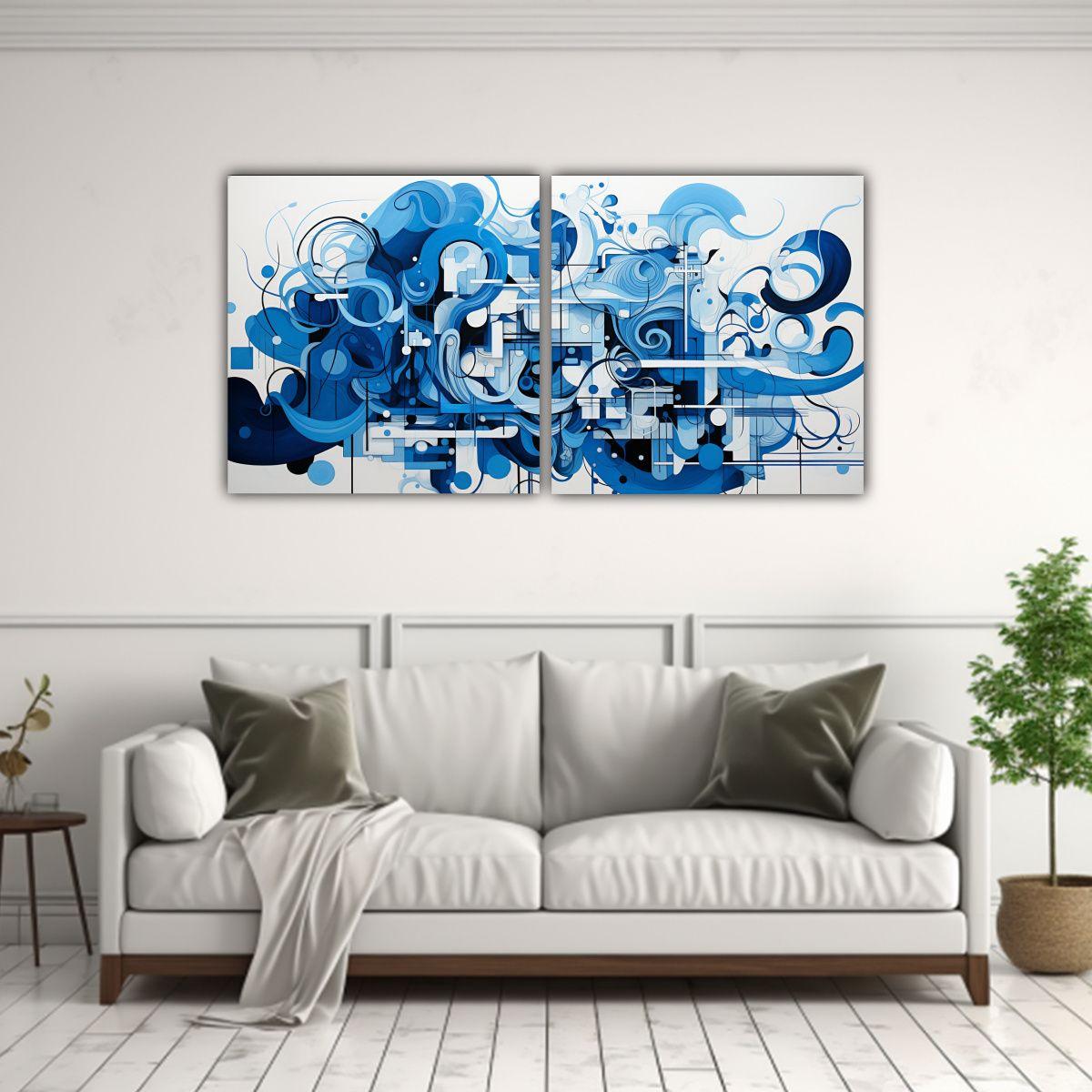 Cuadros Abstractos En Azul Y Blanco De Diseño 60x30 Cm-2