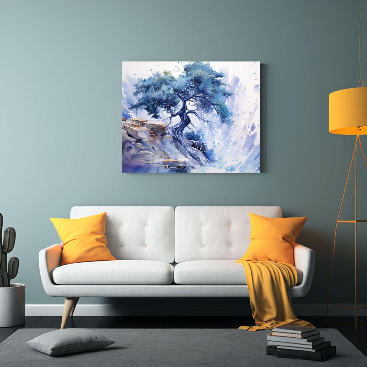 Cuadro Abstracto De árbol De Enebro En Tonos Azules. 50x40cm-2