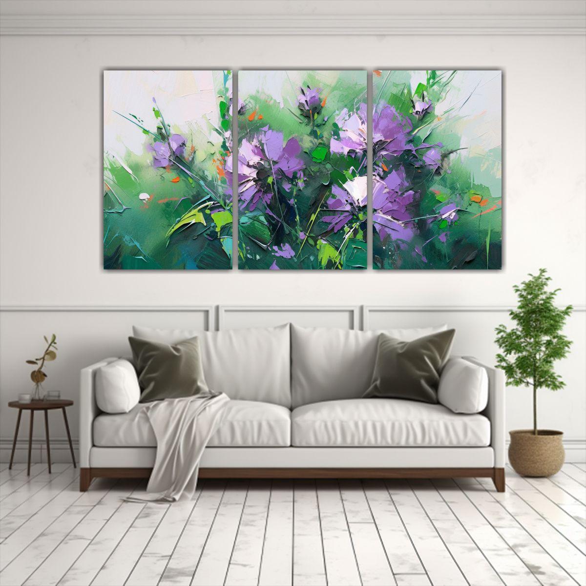 Pintura De Flores Verde Y Morado En Lienzo 120x60 Cm-2