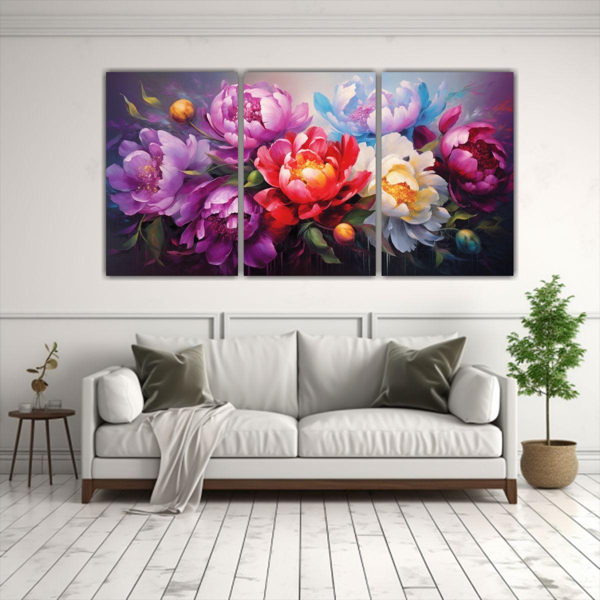 Cuadro Bonito Peonías Arcoíris En Lienzo, 120x60 Cm-2