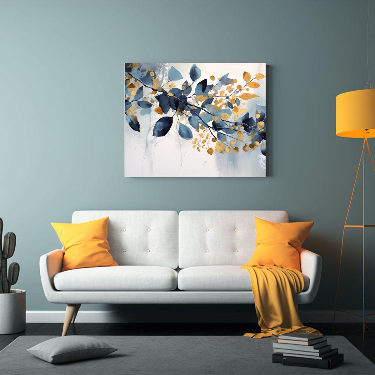 Lienzo De Tela Con Acuarela De Hojas En Tonos Azules Para De 40x30cm-2
