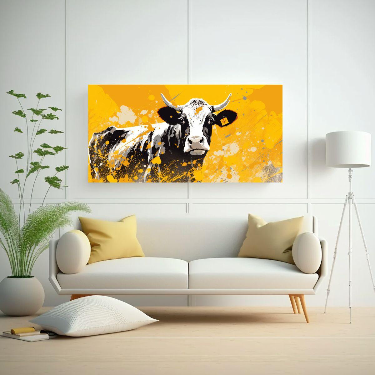 Cuadro Tela Vaca Hereford Amarillo Estilo Neo Pop 140x70cm-2
