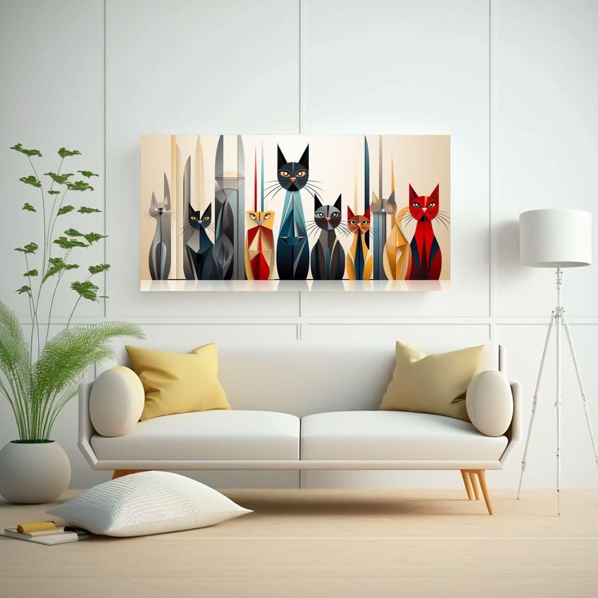 Cuadros Decorativos De Acuarela Gatos Y Líneas 100x50 Cm-2