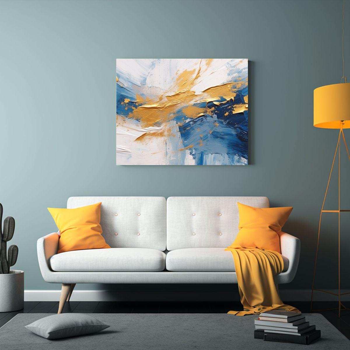 Pintura Abstracta En Azul Y Blanco Con Toques Dorados Arte D 90x60cm-2