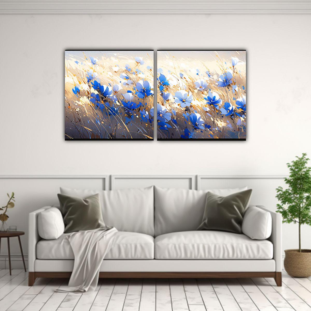 Pintura Flores Oro Y Azul En Lienzo De Vanguardia 140x70 Cm-2
