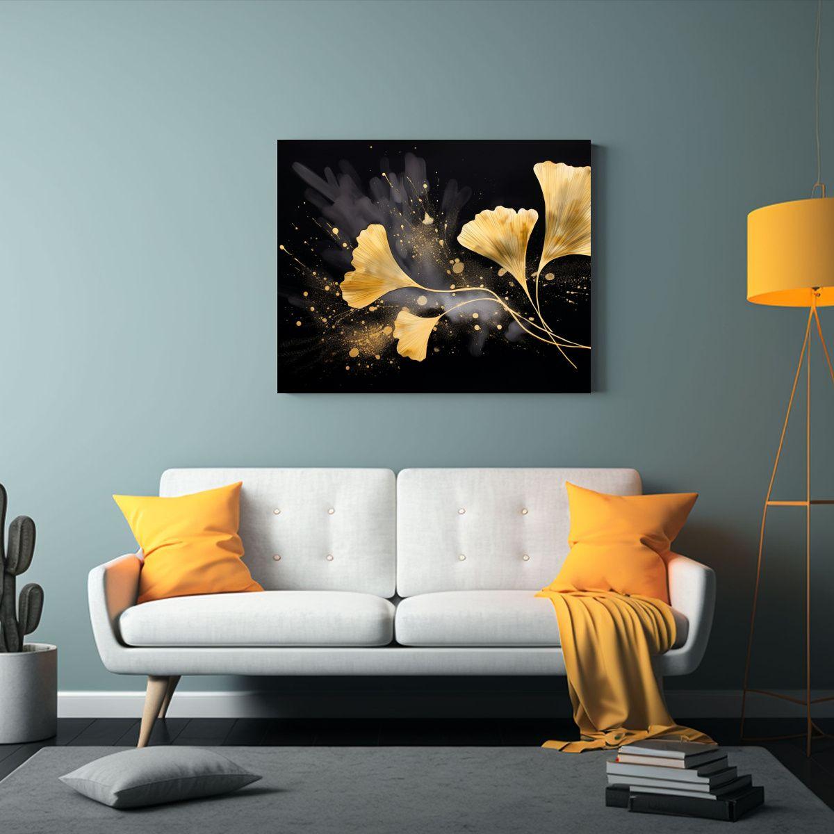 Cuadro Impreso Hojas De Ginkgo En Oro Y Negro, 60x40cm-2