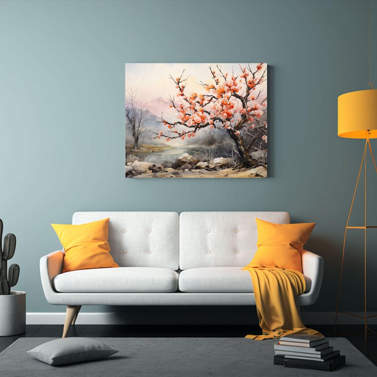Cuadro Abstracto Líneas Finas Árbol Durazno Dorado Negro 120x80cm-2