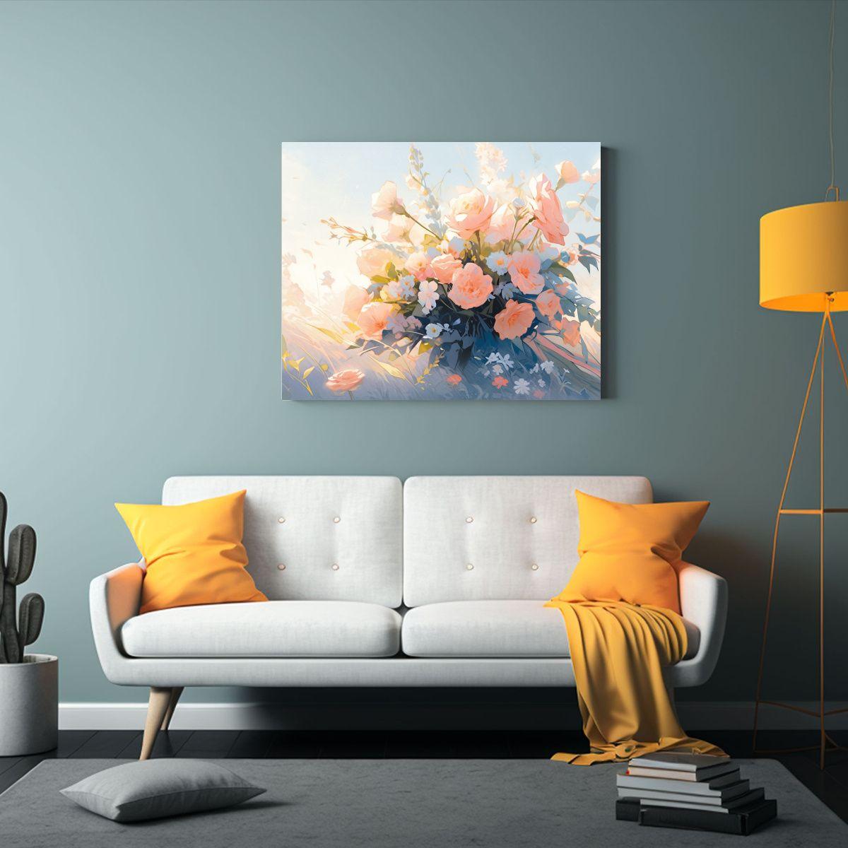 Pintura De Flores En Lienzo Estilo Decorativo En Tonos Paste 75x50cm-2