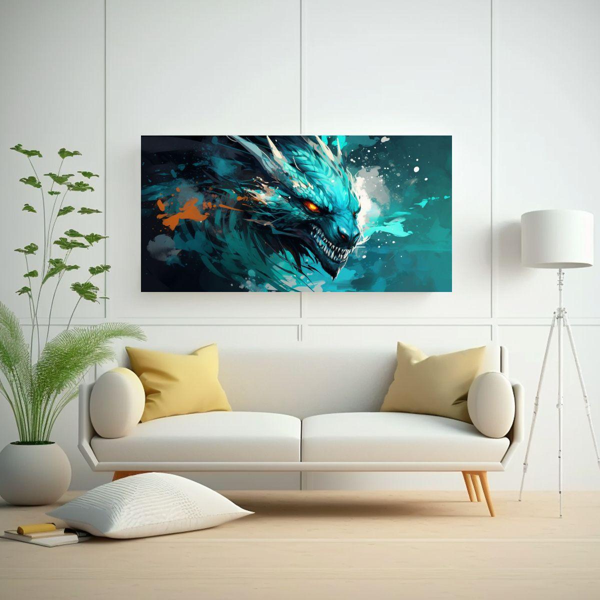 Pinturas Decorativas: Dragón Turquesa En Líneas  140x70cm-2