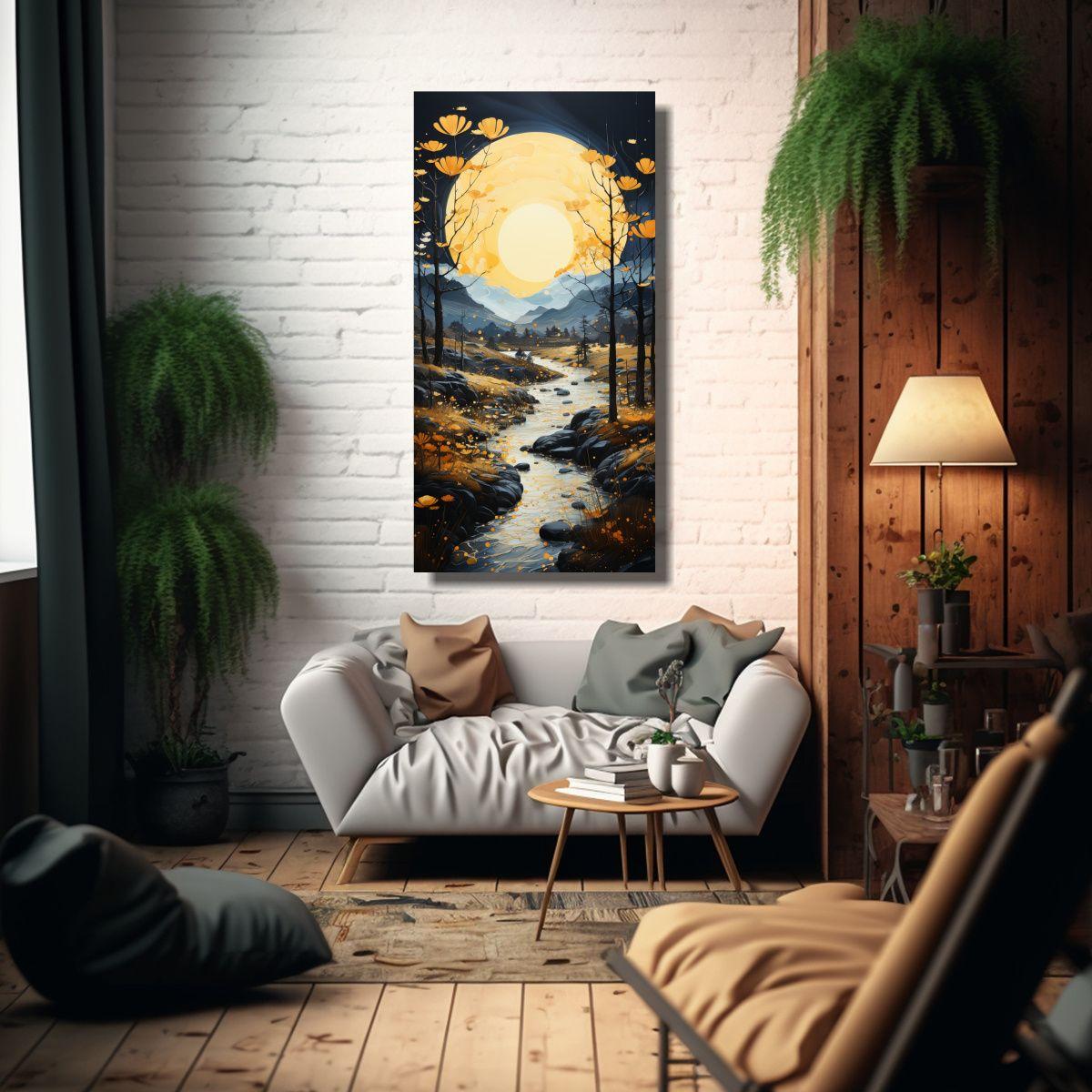 Pintura En Bastidor De Montaña Con Luna Colores 70x140cm-2