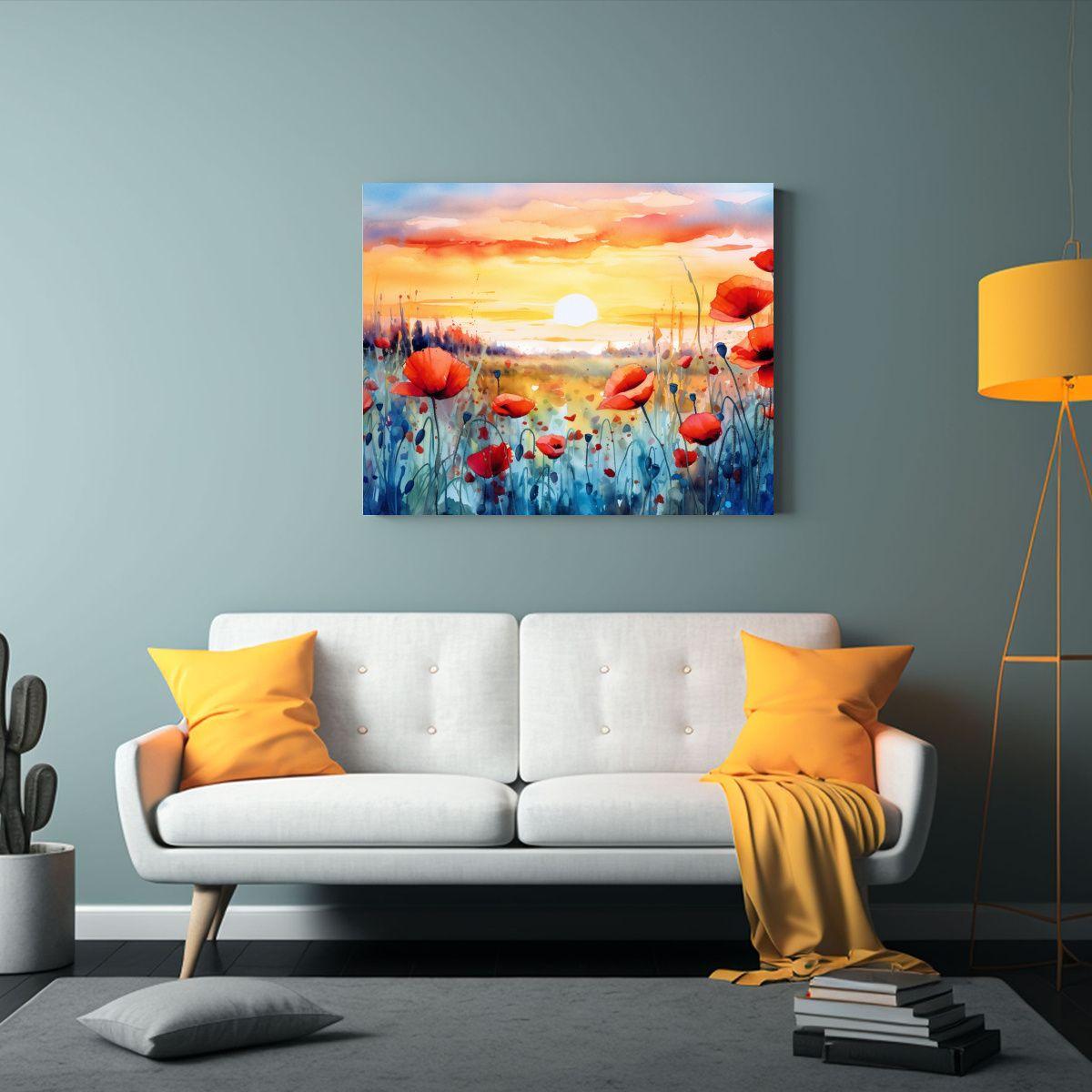 Lienzo De Tela Con Colores De Campo De Amapolas Al Atardecer 30x20cm-2