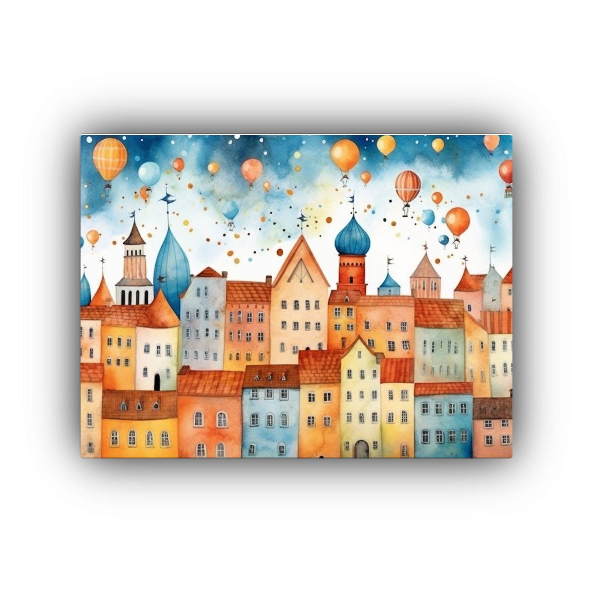 Pintura Mural Acuarela Ciudad Colorida Y Caprichosa 50x40cm-0