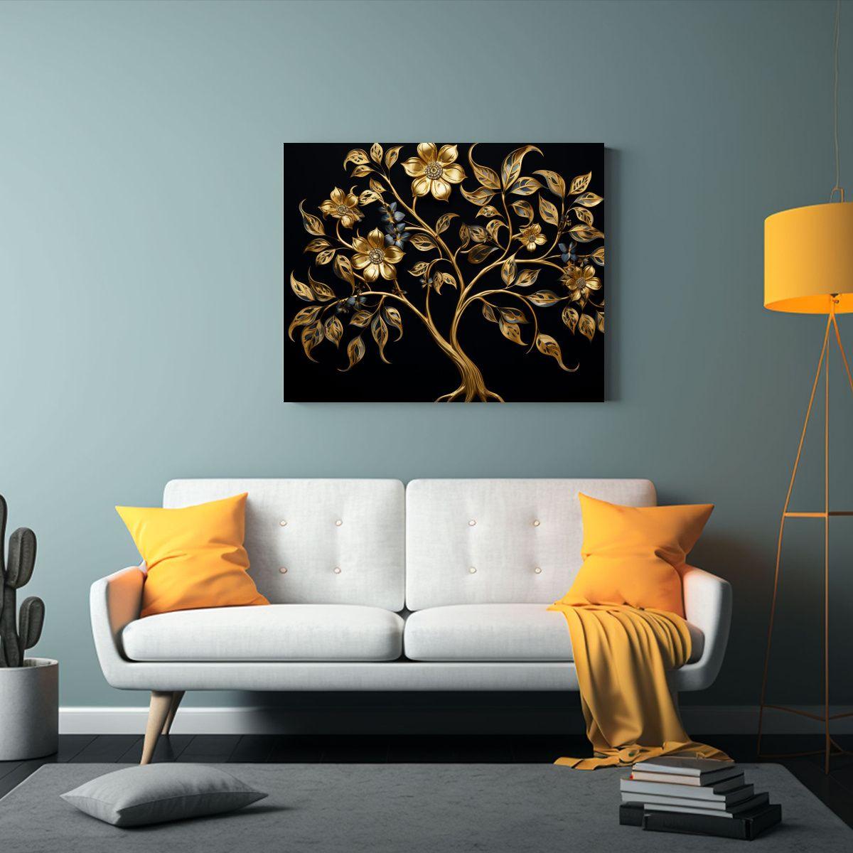 Pintura Decorativa: Árbol Tropical En Negro Y Dorado Estilo 120x80cm-2