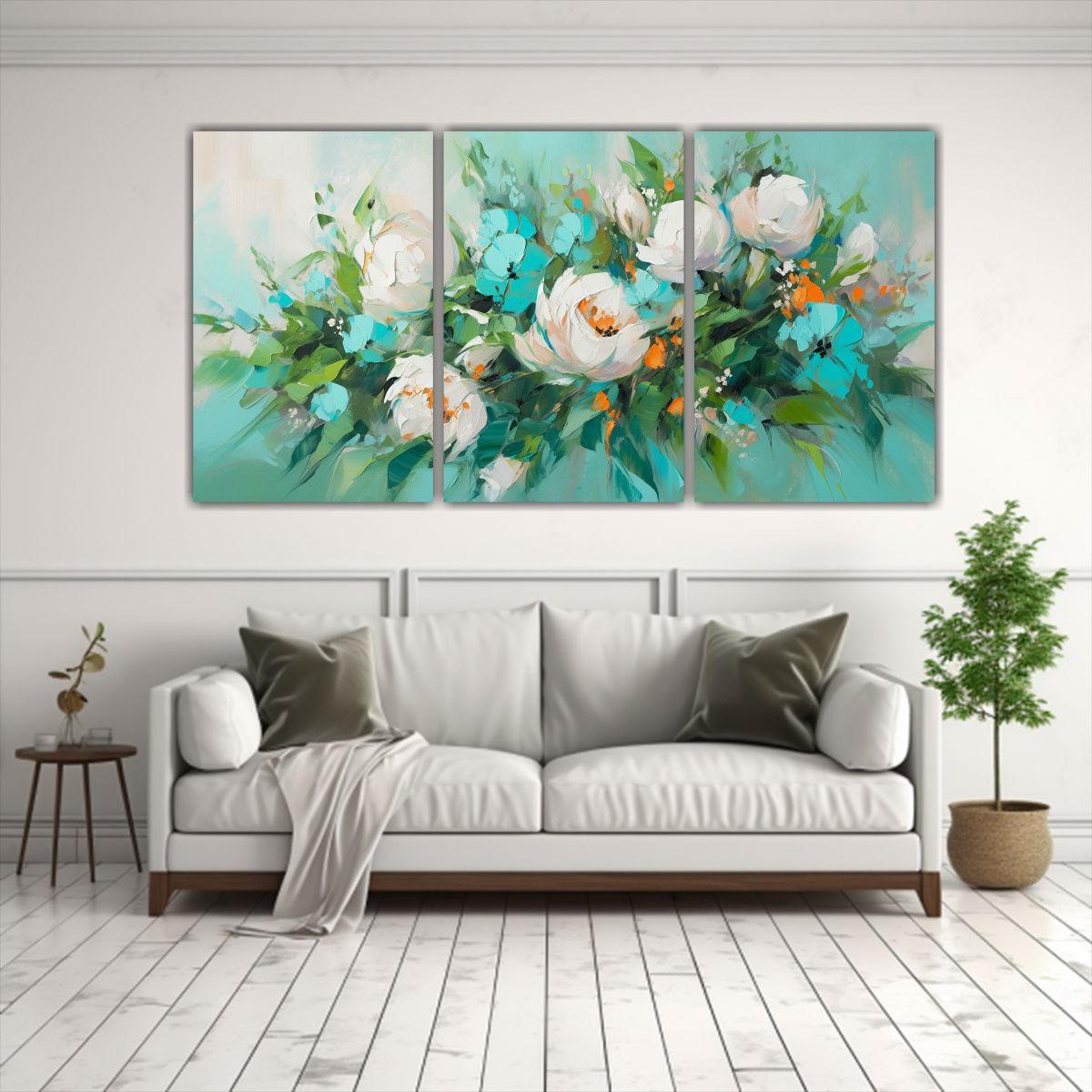 Pintura En Lienzo De Flores En Colores Turquesa 180x90 Cm-2