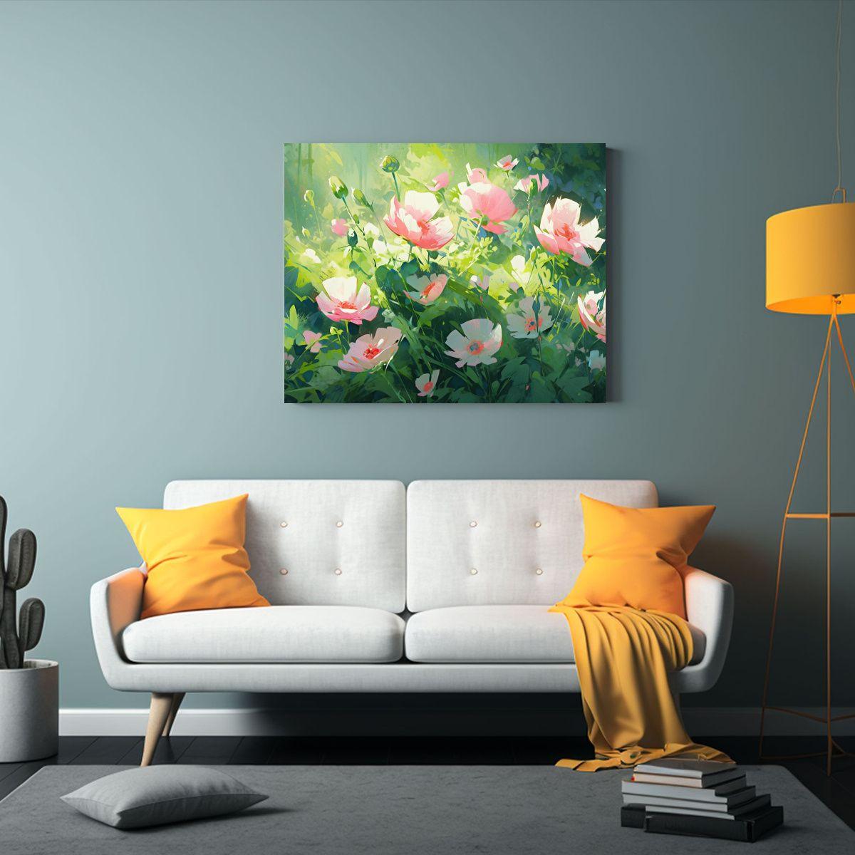 Pintura De Flores En Lienzo En Colores Verde Y Magenta 120x80cm-2