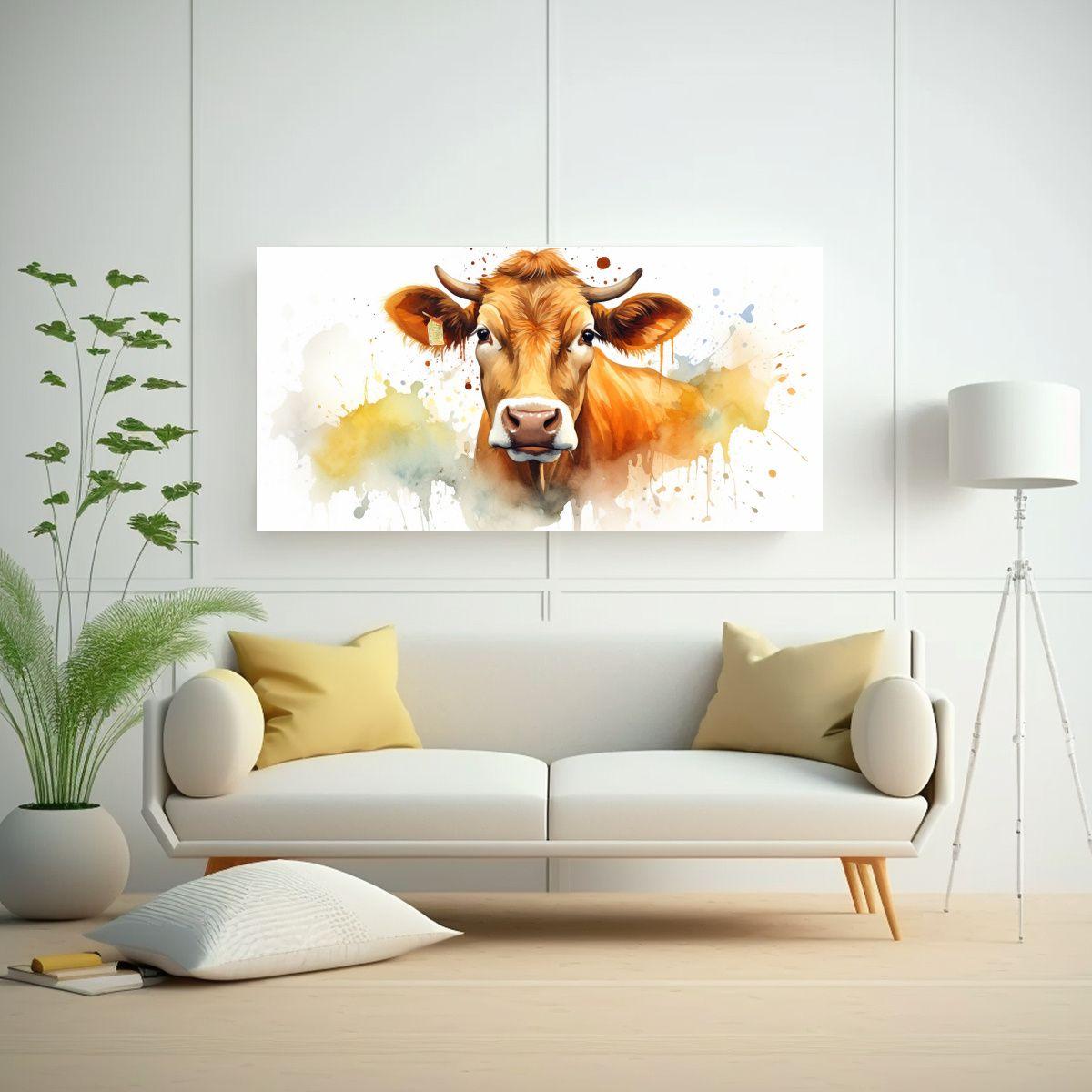 Cuadro De Vaca Jersey En Acuarelas Coloridas De Es 40x20cm-2