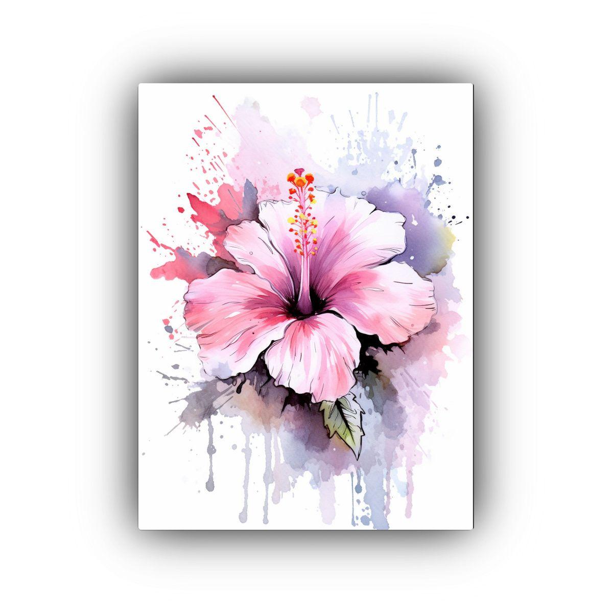 Pintura Decorativa De Hibiscos Rosados Acuarela 30x45cm-0