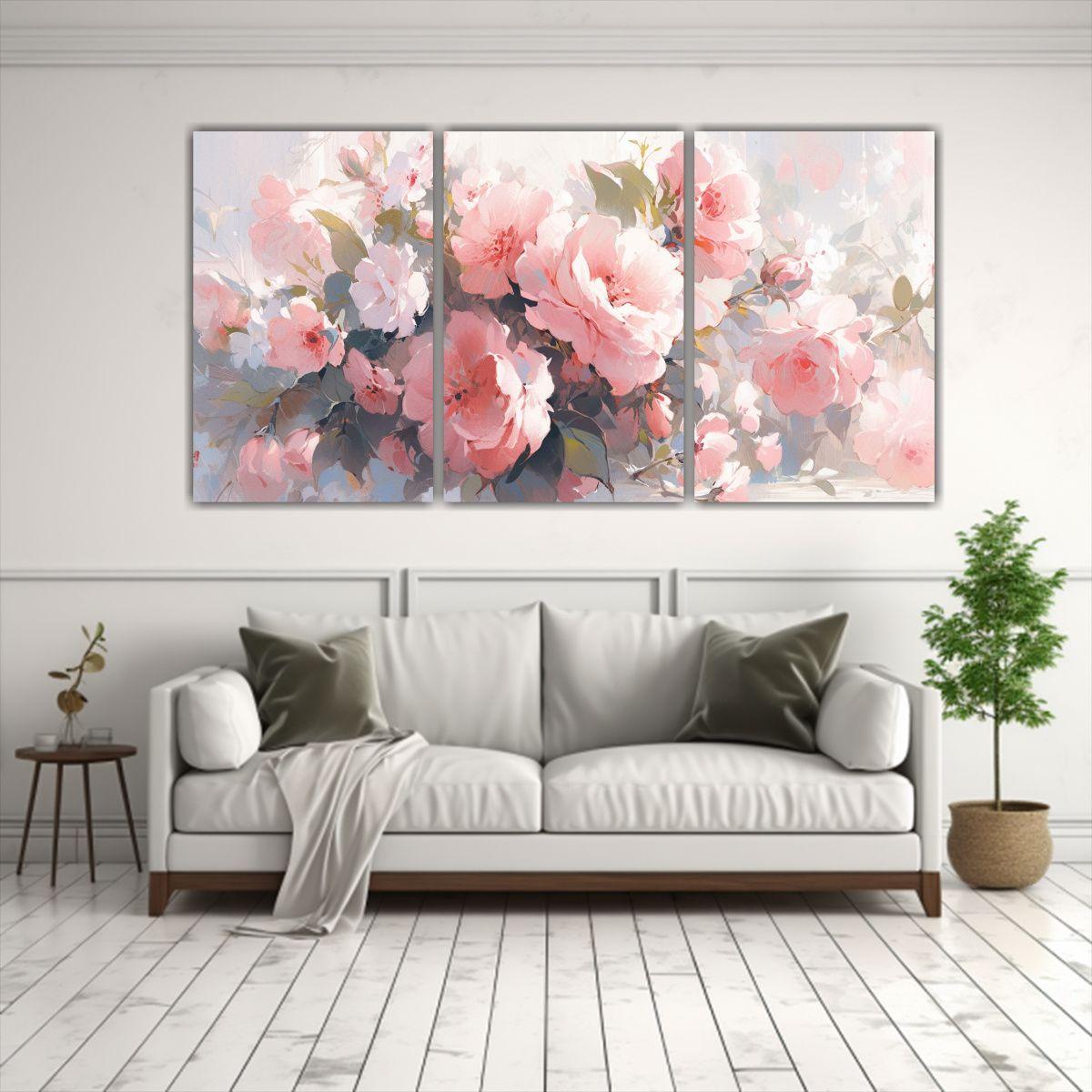 Tres Lienzos Creativa Motivo A Flores Rosadas En 120x60 Cm-2
