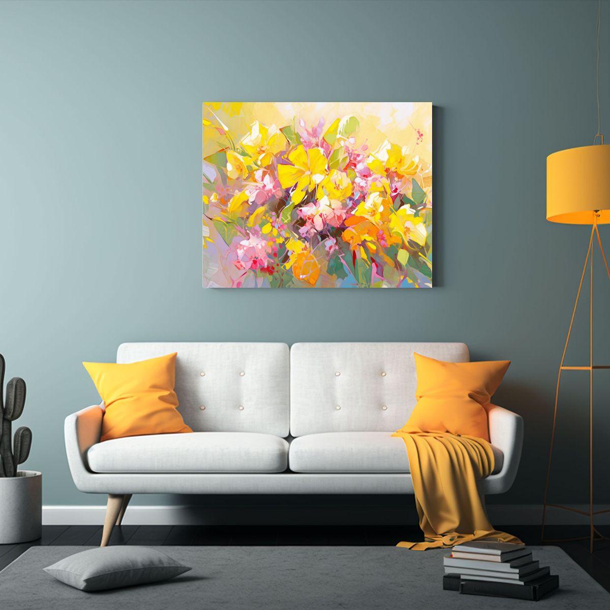 Pintura En Lienzo De Flores Amarillas Y Magentas En Relieve. 60x40cm-2