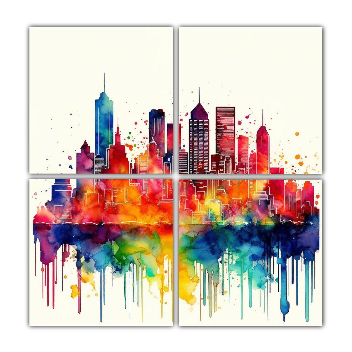 4 Cuadros Movimiento Arte Callejero Yeehaw Ciudad 140x140 Cm-0